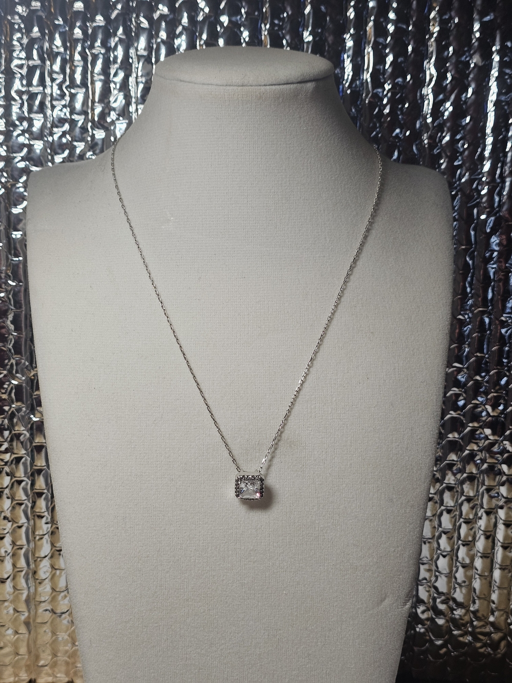 Sterling Silver 925 Square Cubic Zirconia Pendant Necklace - 16" Length